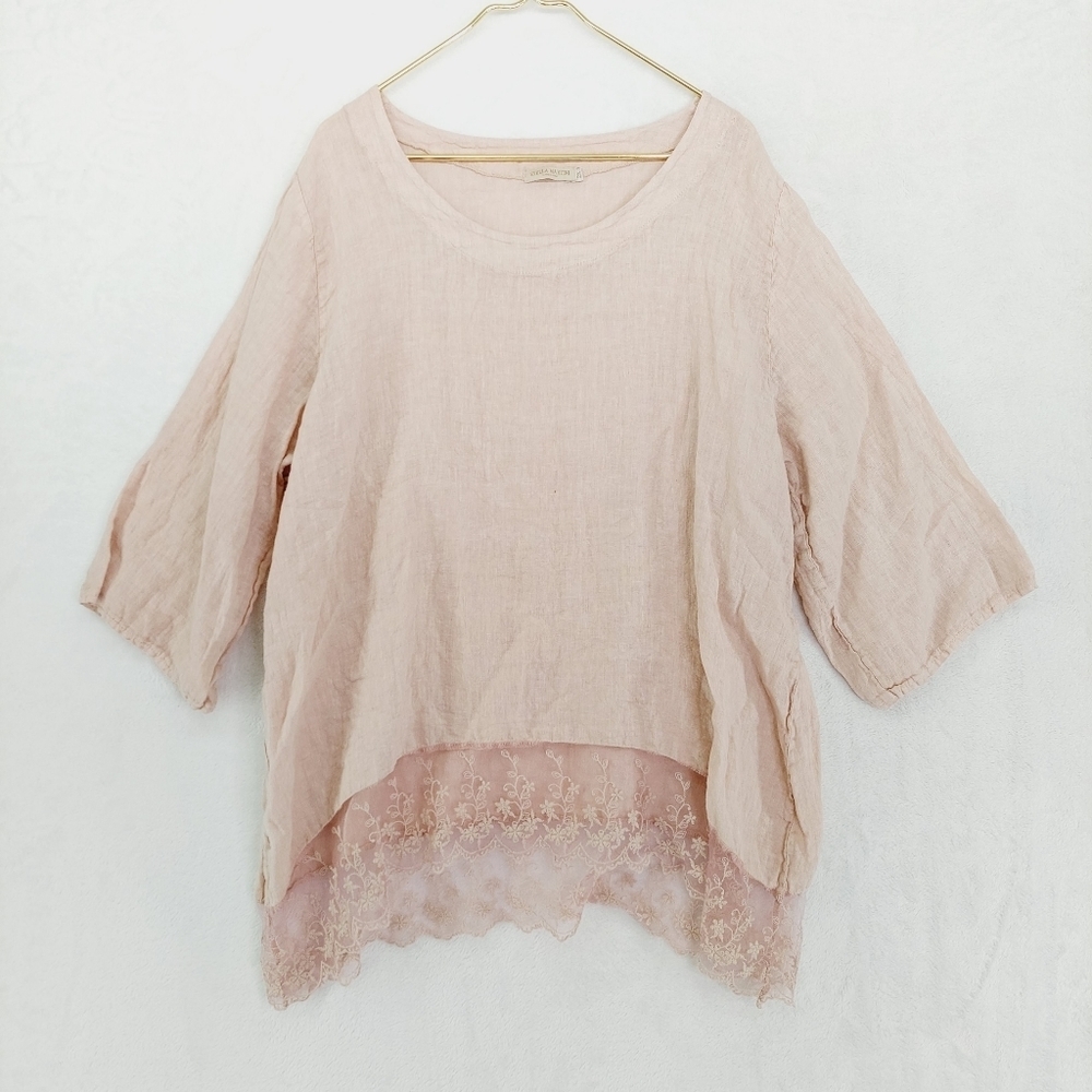 Stella Martini Pink Linen Lace Trim 3/4 Sleeve Scoop Neck Blouse 5046